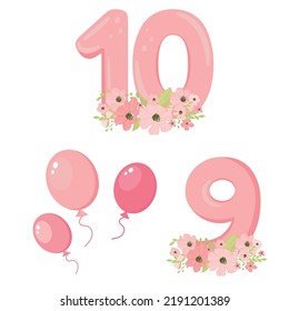 Cute vector set with numbers. Hand drawn illustration in pastel blue pink colour. Doodle and cartoon style. Perfect for happy birthday design in childish style. Baby girl birthday concept