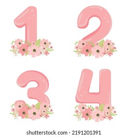 Cute Vector Set With Numbers. Hand Drawn Illustration In Pastel Pink Colour. Doodle And Cartoon Style. Perfect For Happy Birthday Design In Childish Style. Baby Girl Birthday Concept