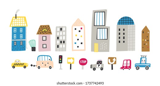 Cute vector set of old and modern buildings, cars and road signs. Cartoon vector illustration. Childish city.