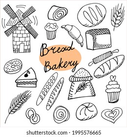 Cute vector set on the theme of bakery products, baking. Doodle sketch illustrations for the design of restaurants, bakeries, cafes, advertising, prints, emblems and logos.
