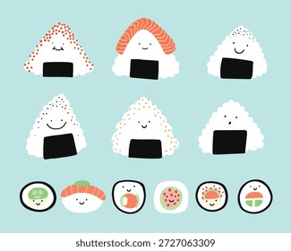Lindo conjunto de Vector de onigiri y sushi. Comida japonesa con caras sonrientes. Divertida colección de ilustración simple. Arroz de comida asiática, con salmón, caviar, nori, wasabi. Pegatinas, impresiones, emoji, menú.