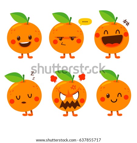 Cute Vector Set of Orange Fruit Character in Different Action, Emotion isolated on White Background.