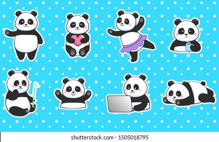 Cute vector set of panda stickers. Drawn by hand. Korean style