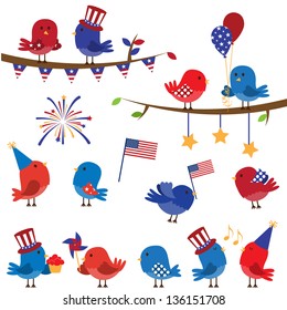 Cute Vector Set of Patriotic or Fourth of July Themed Birds and Branches