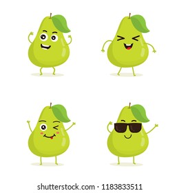 Cute vector set of pear fruit character in different action emotion. Collection of pear characters in different expressions, Funny fruit character isolated on white background