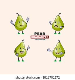 Cute vector set of pear fruit character in different action emotion. Collection of pearcharacters in different expressions, Funny fruit character isolated 