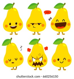 Cute vector set of pear, fruit character in different action, emotion isolated on white background.  