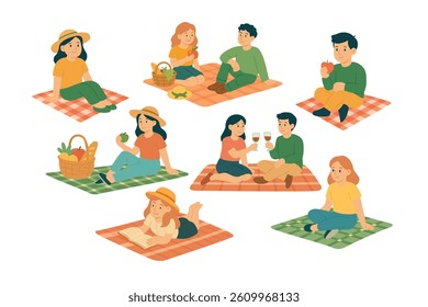 Cute vector set of people relaxing on picnic blankets with food, drink, books and fruits.