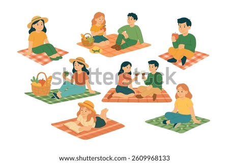 Cute vector set of people relaxing on picnic blankets with food, drink, books and fruits.