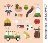 Cute Vector Set with Philippines Landmarks, Food, People and Symbols in Cartoon Style.