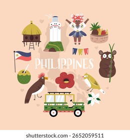 Cute Vector Set with Philippines Landmarks, Food, People and Symbols in Cartoon Style.