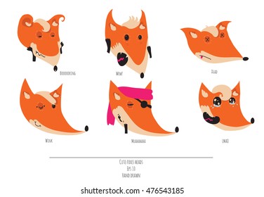Cute vector set of playful foxes heads with various emotions. Boring, wow, dead, winking, muahaha, lmao. Hand drawn cute illustration isolated on white background