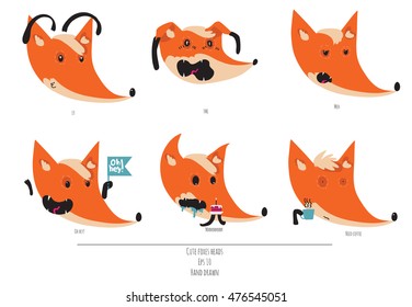 Cute vector set of playful foxes heads with various emotions. Oh hey, love you, meh, fml, need coffee. Hand drawn cute illustration isolated on white background.