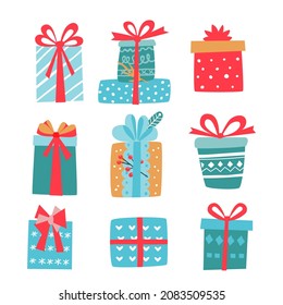 Cute vector set with present box . Hand drawn cartoon style