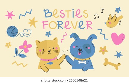 Cute vector set with a puppy and kitten holding paws, colorful elements like a bird, bone, yarn ball, stars, and flowers. Soft yellow, blue and pink tones. Perfect for kids cards, prints and stickers.