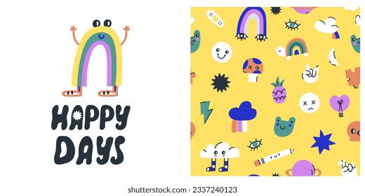 Cute vector set with rainbow print and childish seamless pattern design. Vector kids texture. Happy day lettering