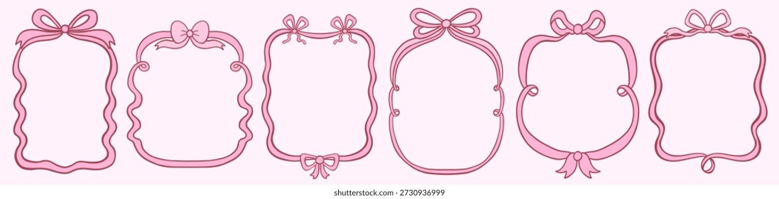 Conjunto de Vector lindo con marcos de cinta romántica con arcos, bordes ondulados rosados para el día de San Valentín y diseños de Navidades, invitaciones y menús