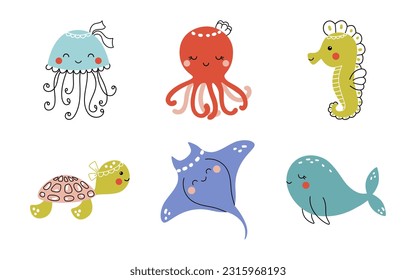 Cute vector set with sea animals - octopus, sea turtle, jellyfish, whale, seahorse, stingray. Funny children's illustration hand drawn for textile or print on any surface