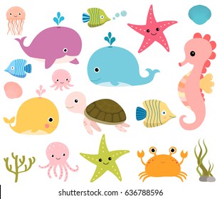 Cute Vector Set With Sea Animals For Scrapbooking, Baby Showers And Summer Designs