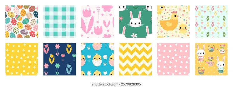 Cute vector set with seamless vector patterns with Easter designs with bunnies, chickens, hens, flowers and butterflies 