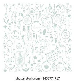 Cute vector set with silhouettes of homely wall decorations with flowers glued with adhesive tape. Embroidery on the hoop. Vintage scissors. Big collection of cute things