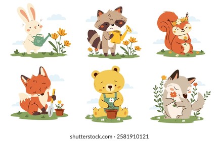 A cute vector set in a simple children's style. Cute forest animals with flowers, plant and water flowers, wolf, fox, hare, raccoon bear and squirrel