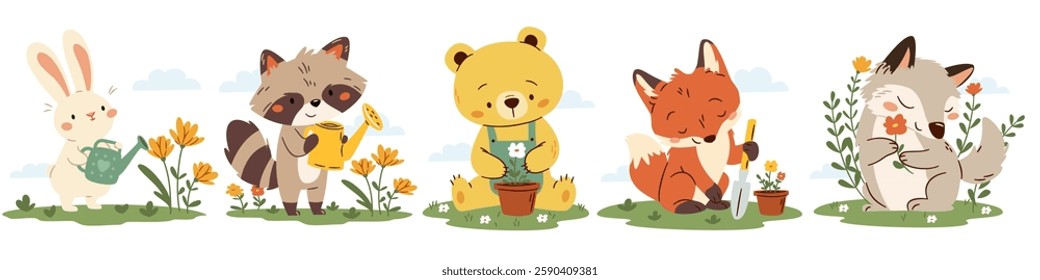 A cute vector set in a simple children's style. Cute forest animals with flowers, plant and water flowers, wolf, fox, hare, raccoon bear