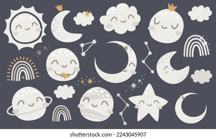 Cute vector set. Sleeping planets. Sun, flax, uranium, Pluto, stars and other planets, rainbow. Cute children's illustrations.