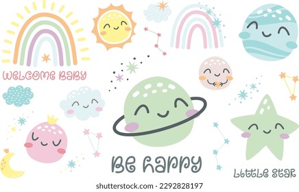 Cute vector set. Sleeping planets. Sun, flax, uranium, Pluto, stars and other planets, rainbow. Cute children's illustrations.