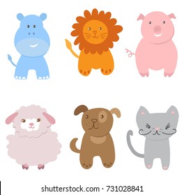 Cute Vector Set of Small Baby Animals. Cat, dog, pig, lion, sheep and hippo isolated on white background. Vector illustration for textile, print, child cloth, wallpaper, wrapping. Child illustration.