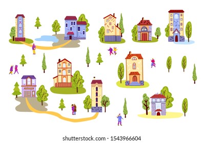 Pequeñas casas vectoriales en un pueblo, árboles y gente pequeña. Aislado sobre fondo blanco. 