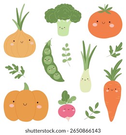 Cute vector set of smiling vegetables with faces and herbs on white background.  Bright and friendly design perfect for kids, educational materials, food packaging, and healthy eating themes.
