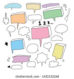 Cute vector set of speech bubble, chat hand draw. Doodle style for text like hello, wow or boom with the number 1,2,3