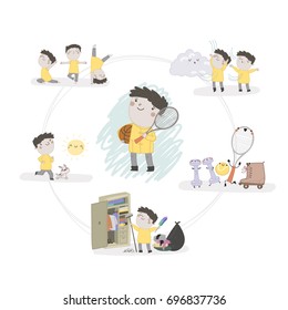Cute vector set of sport characters. Activity and housework. Yoga, sport and self development illustration