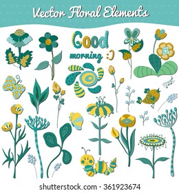 Cute vector set of spring floral elements and funny animals for greeting cards, baby shower design, notes, brochures, tags and labels, invitations, backgrounds, scrapbooking, calendars, etc. 