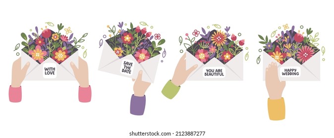 Cute vector set of spring flowers in an envelope with hands. Floral mail. Happy Valentine's Day. Vector design concept for Mother's Day and other