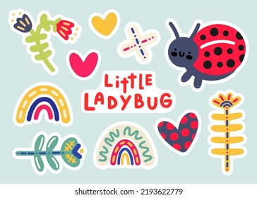 Cute vector set of stickers, icons and patches with lettering, kawaii ladybug, rainbows, scandinavian flowers and hearts. Children's vintage pins for print, decor, gifts, interior, textiles, cards