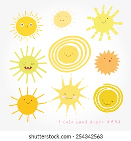 Cute vector set of SUN icons. Funny happy smiley suns. Happy doodles for your design. Bright and beautiful cartoon characters.