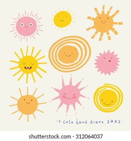 Cute vector set of SUN icons. Funny happy smiley suns. Happy doodles for your design. Bright and beautiful cartoon characters.