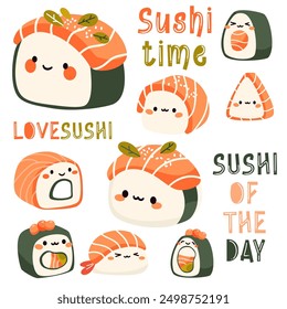 Cute vector set of sushi and rolls. Japanese food with positive faces. Funny inscriptions about food and sushi. Printable prints 