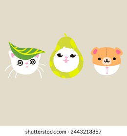 Cute vector set of three cats. Funny colorful kitten stickers with avocado, leaf and bear hat.