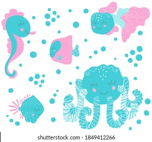 Cuto vector ambientado para los niños pequeños de cómicos habitantes marinos al estilo escandinavo. Pulpo sonriente, caballito de mar y peces flotantes con burbujas en un fondo blanco. Pintura de diseño de Baby´s.