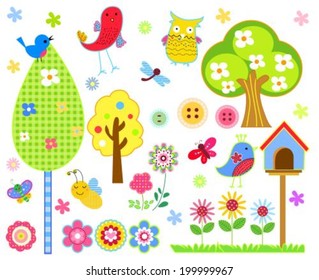 Cute vector set - tree, birds, flowers, butterflies etc.