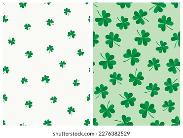 Cute Vector Set With Trefoil Clover Leaves Seamless Pattern On Off-White And Light Green Background. Irregular Repeatable Design Great For St. Patrick’s Day - Wrapping Paper, Textile Prints.