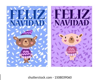 Cute vector set of two postcards “Feliz Navidad” with funny baby bears in sweaters, one in a Christmas hat with snowflakes on background. Childish characters for nursery posters, greeting cards.