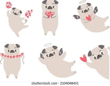 Cute vector set for valentine's day. Cute little dog pugs with wings, cupid. Childrens illustration