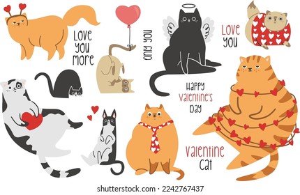 Un vector lindo establecido para el Día de San Valentín. Gatos divertidos con corazones y ropa divertida. Inscripciones de vacaciones para el Día de San Valentín 