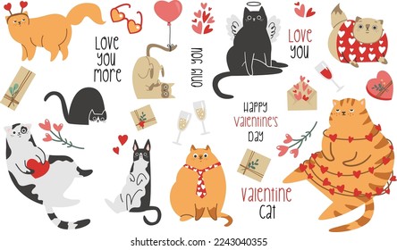 Cute vector set for Valentine's Day. Funny cats with hearts and funny clothes. Holiday inscriptions for Valentine's Day 