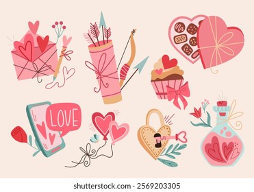 Cute vector set of Valentine's Day stickers for decoration and design. Valentine's Day, love, Pink cartoon illustrations in retro and vintage style. Love gifts, sweets, heart, key and lock, love note.