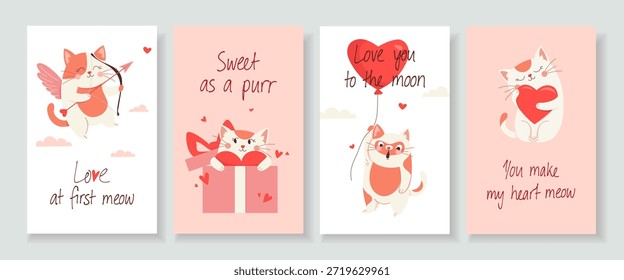 Conjunto de Vector lindo de tarjetas de felicitación del día de San Valentín con gatos adorables. Ilustraciones festivas románticas en suaves colores rosados para mensajes de amor, carteles e invitaciones. Diseño de vacaciones divertido y caprichoso